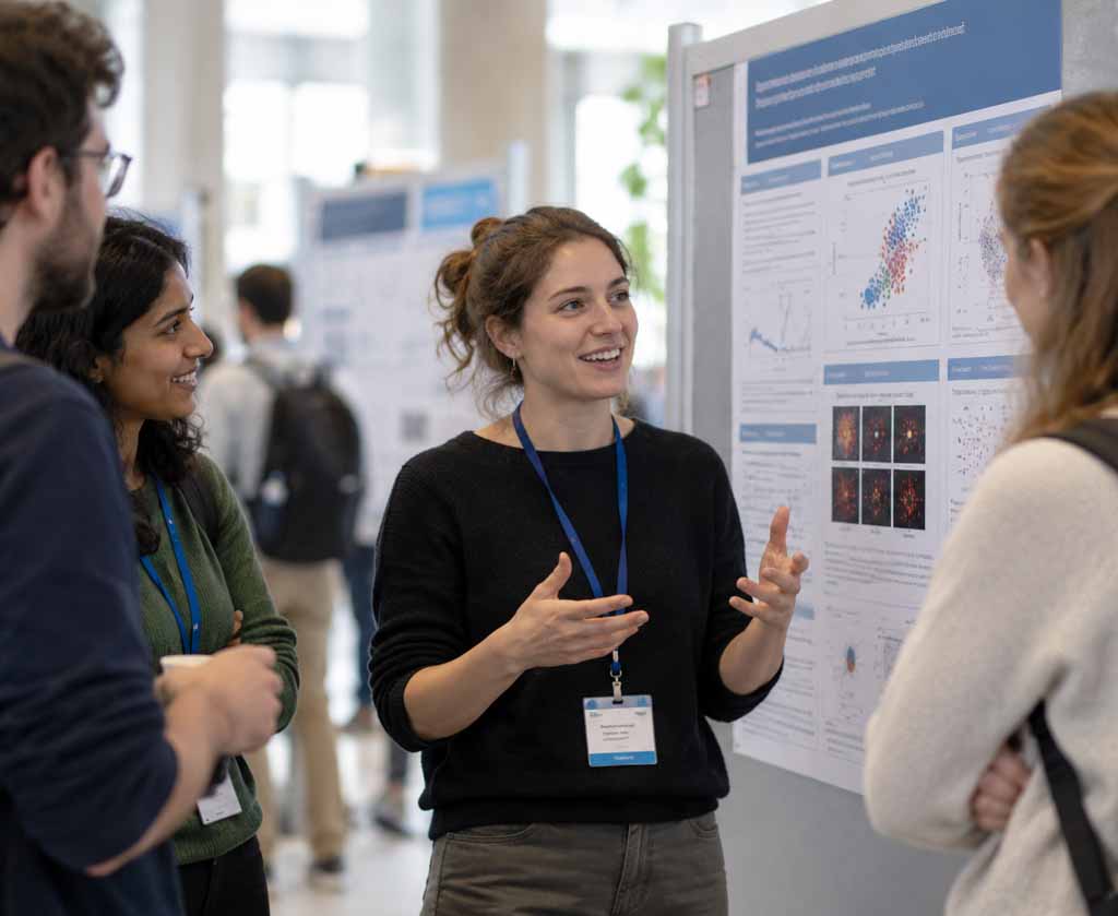 Researchers discussing a scientific poster at a conference