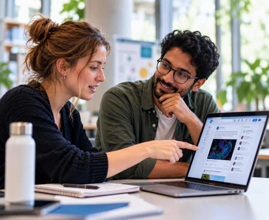 Zwei Forschende besprechen einen wissenschaftlichen Social-Media-Beitrag am Laptop