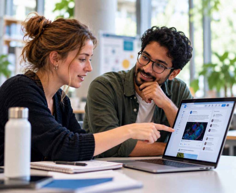 Two researchers discussing a scientific social media post on a laptop